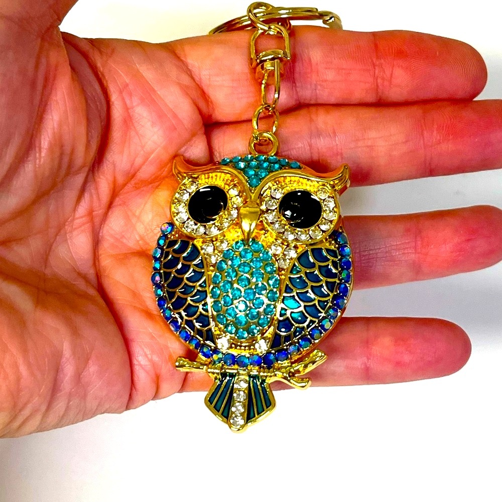 Owl- keychain/purse charm, NIP, blue & teal, rhinestones on golden base, 2x1.5”